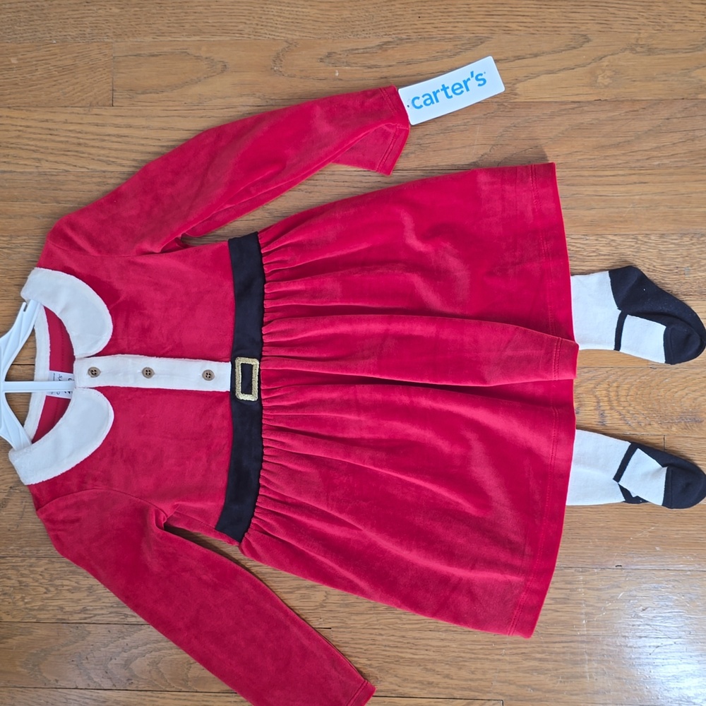 CARTER'S BRAND GIRL'S RED, BLACK & WHITE CHRISTMAS DRESS & TIGHTS SIZE 24 MONTHS